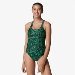Speedo Girl's Race Maze Super Proback Onepiece Swimsuit -Women Sales Store SpeedoRaceMazeProbackGreen